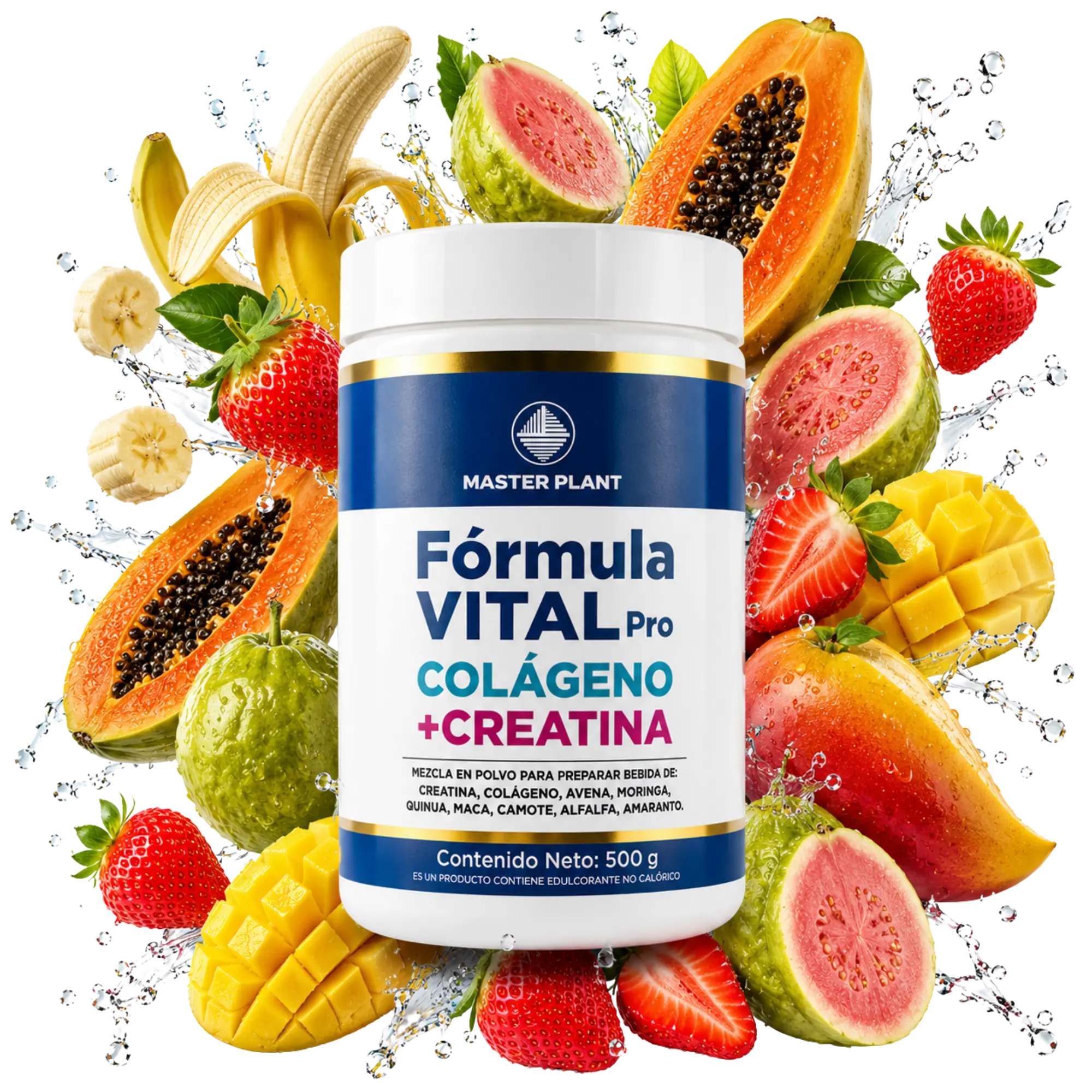 Envase de Fórmula Vital Pro 500g con explosión de frutas, hojas y superalimentos